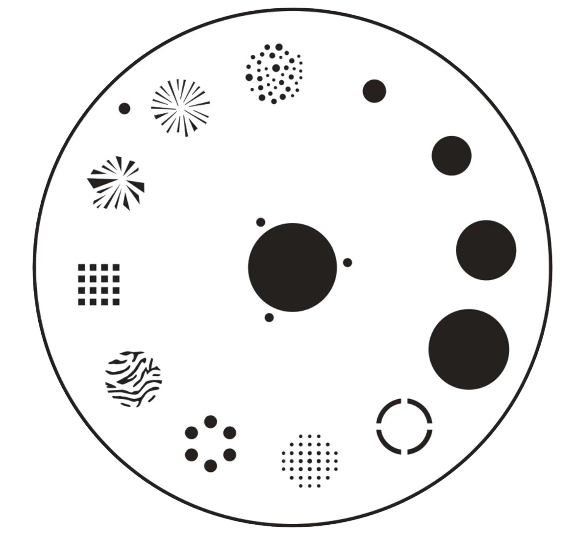 GML ALED BSW 480 CMY LED Moving Head fixed gobo wheel — 11 stencil patterns including spirals, dots, circles